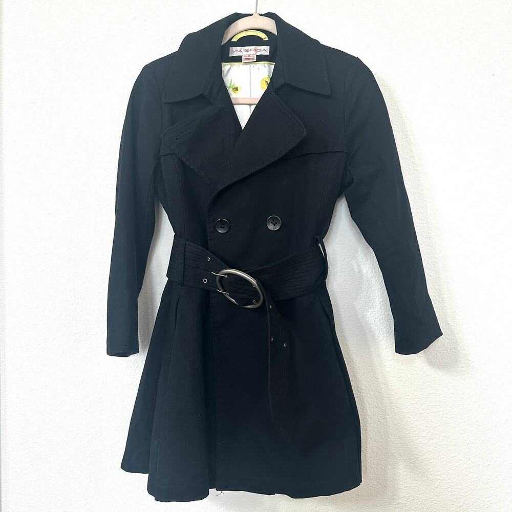 Via Spiga Black Trench Coat Girls Large Petite XS Small Belted Classic